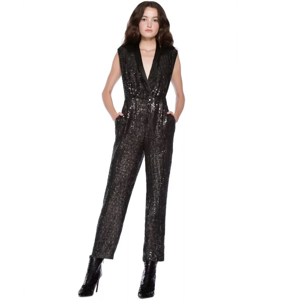 ALICE + OLIVIA Black LYLE Sequin Embellished Shawl Satin Collar Pantsuit Size 10